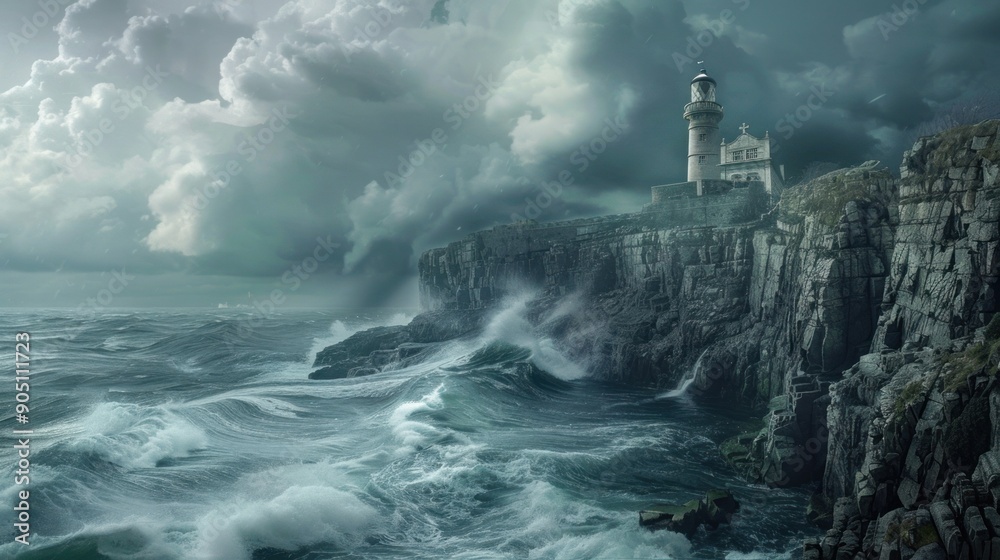 Lighthouse on a Cliff During a Storm Lighthouse on a Cliff During a Storm