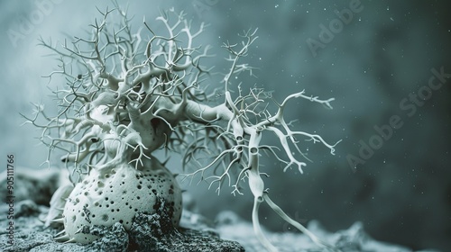 Abstract, otherworldly tree with intricate branches reaching towards the sky.