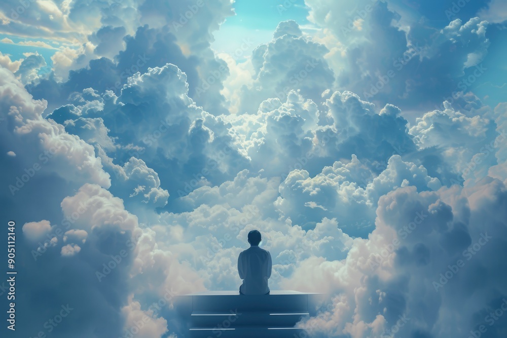 Figure sitting on steps among clouds, heavenly light piercing through, ethereal scene. AI-generated Figure sitting on steps among clouds, heavenly light piercing through, ethereal scene. AI-generated