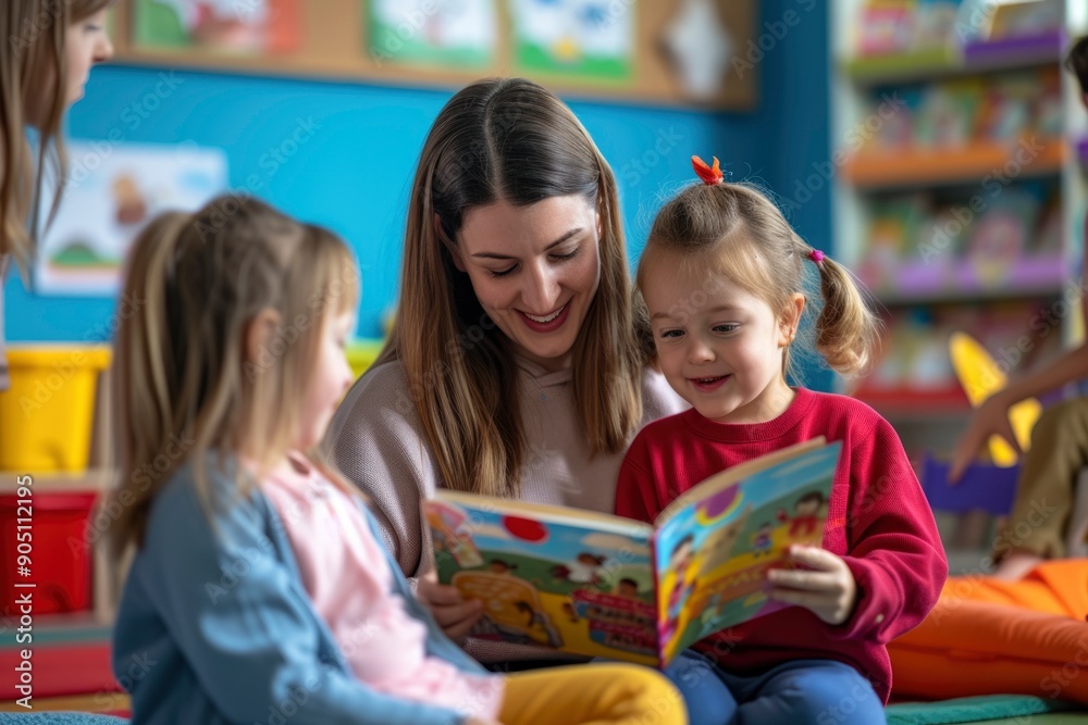 Educator and children sharing a story, learning together. AI-generated