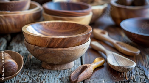 Handmade wooden bowls and utensils on rustic table photo