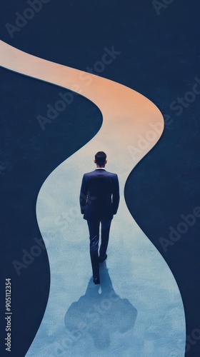 Businessman walking on a path lined with career milestones, metaphor for professional journey photo