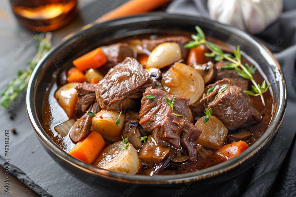 Delicious beef bourguignon stew with wine, carrots and onion garnished with parsley. Delicious ragout. Delicious beef bourguignon stew with wine, carrots and onion garnished with parsley. Delicious ragout.
