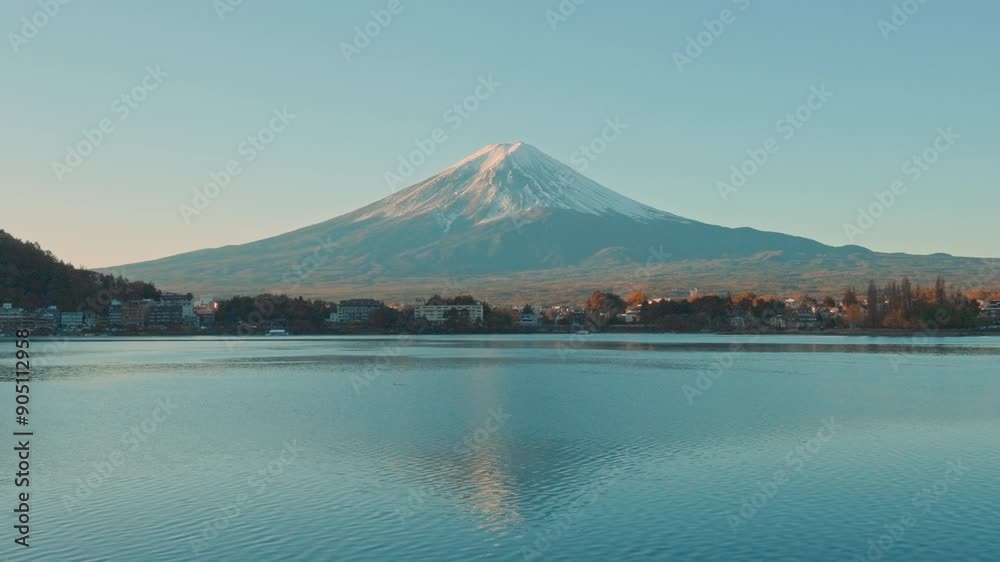 Mount Fuji at Lake Kawaguchi in the morning sunrise. Mt Fujisan in Fujikawaguchiko, Yamanashi, Japan. Landmark for tourists attraction. Japan Travel, Destination, Vacation and Mount Fuji Day concept