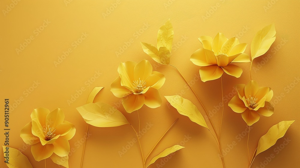 Fototapeta premium Yellow flowers and leaves on a bright yellow background. Minimalist floral design. Perfect for spring or summer themes.