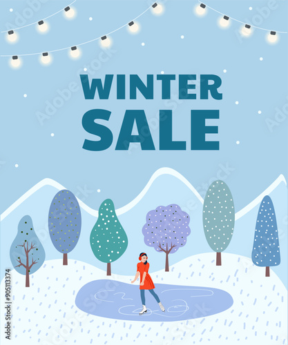 Winter Sale Banner. Girl skating on the background of nature Vector illustration