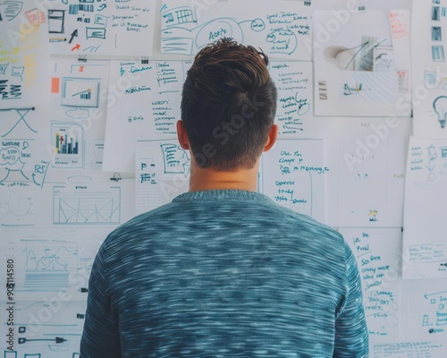 Laidoff worker drawing a business plan on a whiteboard, creative ideas, new opportunities photo