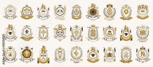 Vintage heraldic emblems vector big set, antique heraldry symbolic badges and awards collection, classic style design elements, family emblems.