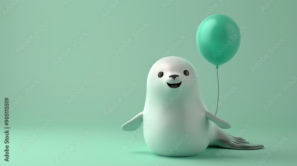 A cute cartoon seal with a green balloon on a green background. A cute cartoon seal with a green balloon on a green background.
