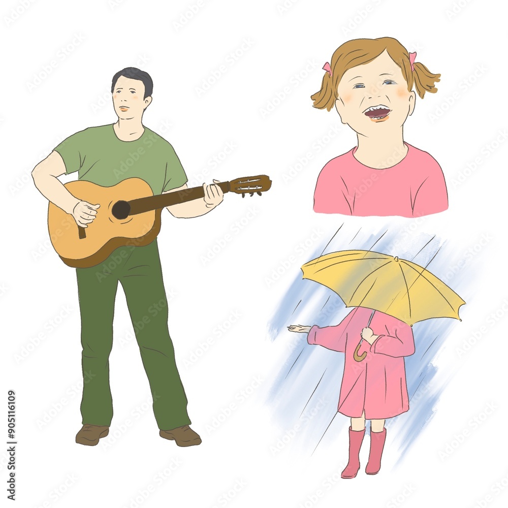 Watercolor full length man with guitar, girl laughing, girl under umbrella and rain, isolated on white background Watercolor full length man with guitar, girl laughing, girl under umbrella and rain, isolated on white background