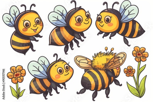 Collection of bee characters flying around flowers, isolated on white vector cartoon illustration