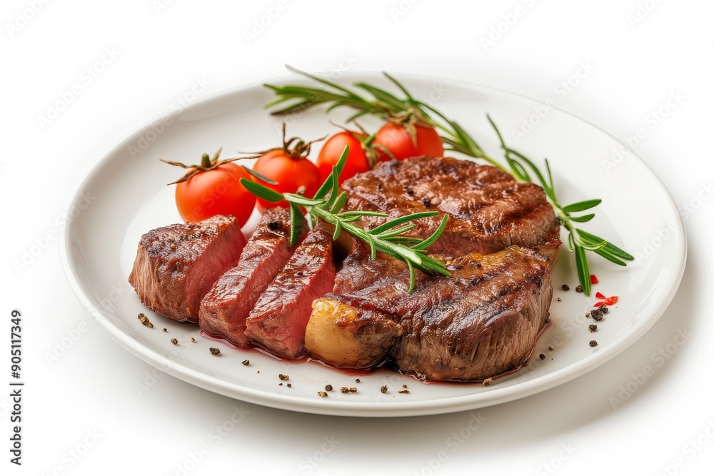 Juicy medium rare beef steak on plate, grilled to perfection on white background Juicy medium rare beef steak on plate, grilled to perfection on white background