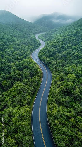 Aerial view asphalt road on the green forest, Curve asphalt road on mountain green forest, Countryside road passing green forest and mountain.