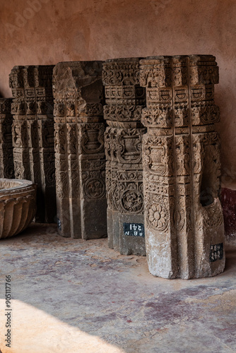 Stone carved sculptures and pillars dating from 8th century of early Pratihara art of the region photo