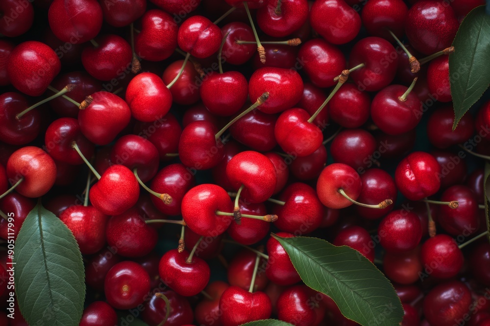 Fresh ripe cherries with stalks and leaves, vibrant red cherries piled up, natural cherry background Fresh ripe cherries with stalks and leaves, vibrant red cherries piled up, natural cherry background