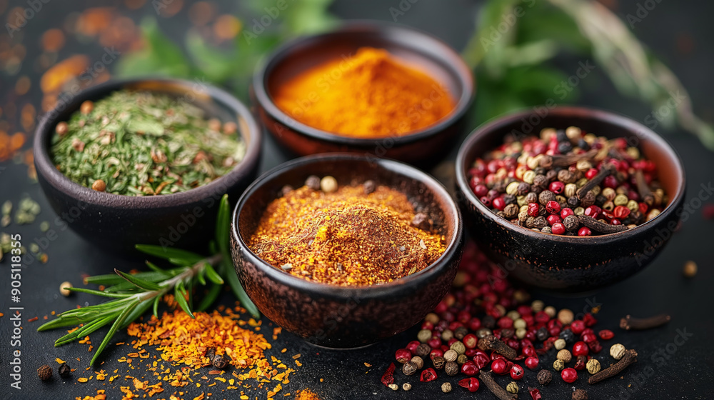 A collection of various spices in small bowls, including turmeric powder and rosemary leaves on the side with dark background. A collection of various spices in small bowls, including turmeric powder and rosemary leaves on the side with dark background.