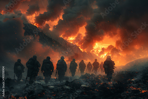Military illustration, Army background, soldiers silhouettes.