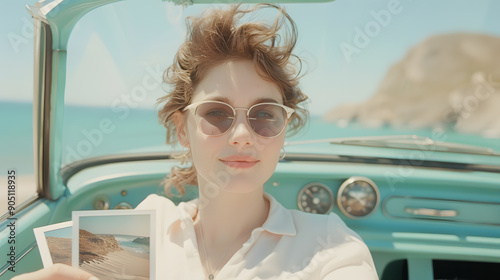 A beautiful woman in sunglasses sits in a car in a vintage Polaroid photograph. Blends contemporary life with a vintage twist, timelessness and memory of film grain textures, nostalgic and evocative.