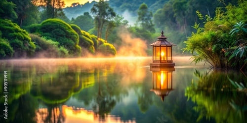 Serenene scene of a lantern's warm glow reflected perfectly on a tranquil lake's mirror-like water surface, surrounded by lush greenery and misty ambiance. photo