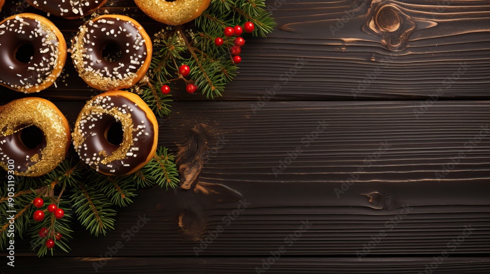 Fresh donuts, fir branches and citrus fruits on a dark background. Festive mood. Happy New Year concept Fresh donuts, fir branches and citrus fruits on a dark background. Festive mood. Happy New Year concept