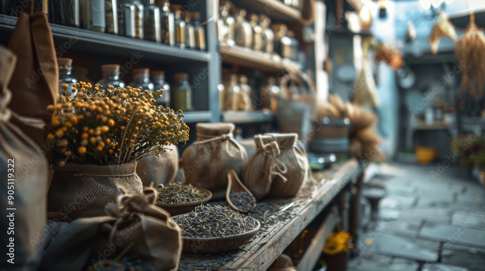 Cozy Herb Shop with Dried Flowers and Jars Cozy Herb Shop with Dried Flowers and Jars