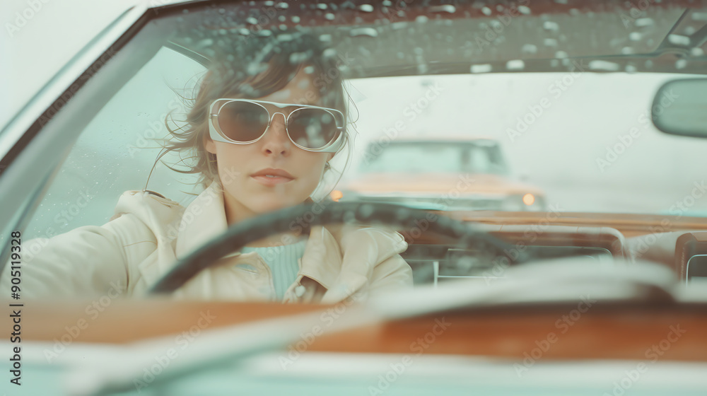 A woman wearing sunglasses drives alone on a rainy day, a vintage photograph with film grain textures. Nostalgia and timelessness, blending contemporary life with a retro twist in a melancholic. A woman wearing sunglasses drives alone on a rainy day, a vintage photograph with film grain textures. Nostalgia and timelessness, blending contemporary life with a retro twist in a melancholic.