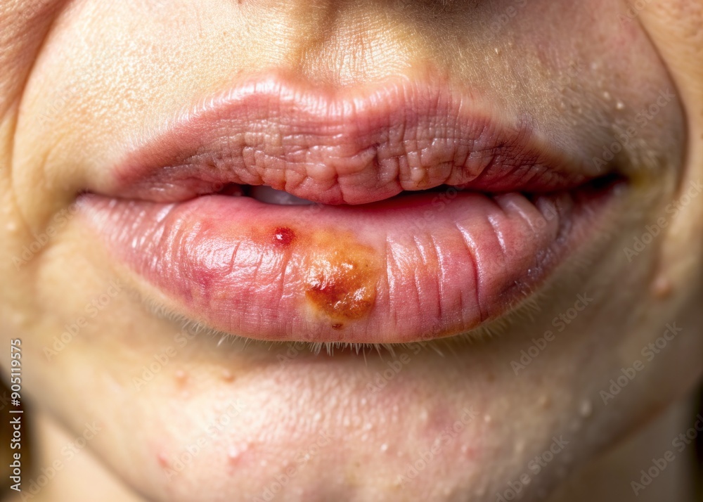 Macro view of a painful lip lesion, showcasing inflamed blister-like sore on natural skin tone, with visible texture and color, against a neutral background. Macro view of a painful lip lesion, showcasing inflamed blister-like sore on natural skin tone, with visible texture and color, against a neutral background.