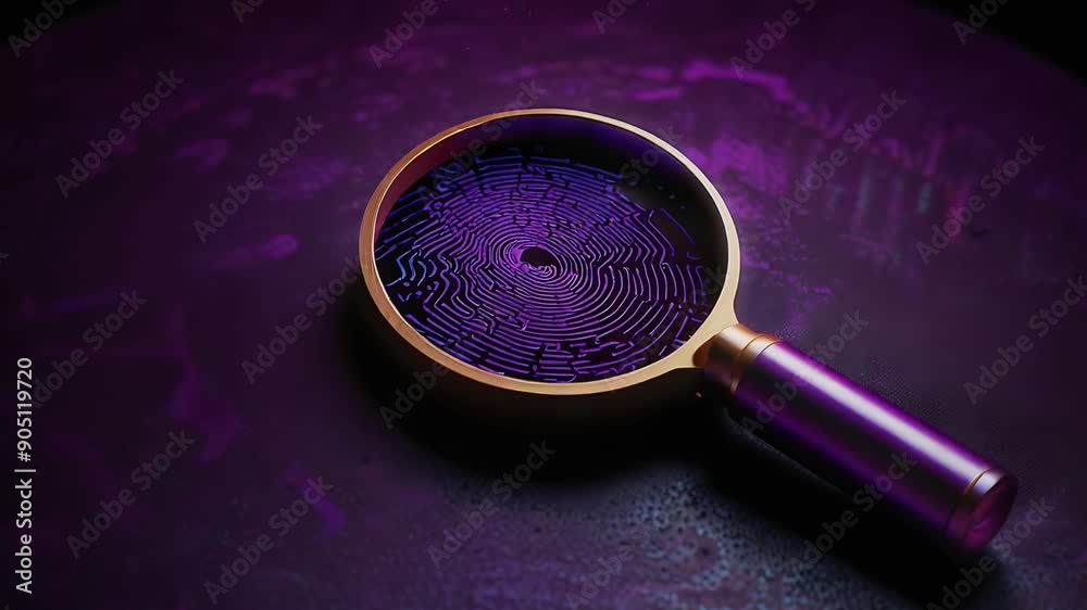 A magnifying glass on a dark, textured surface with a purple shade, centering on a detailed fingerprint pattern. This image signifies investigation, analysis, and identity verification
