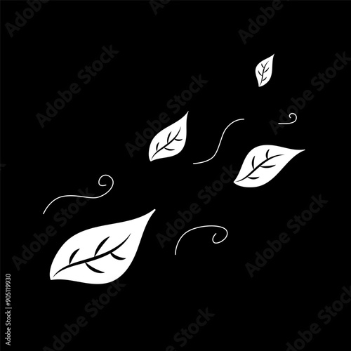 Autumn leaves flying in wind. Black and white vector illustration. Fall composition with autumn plant elements. Drawing of leaf and wind.