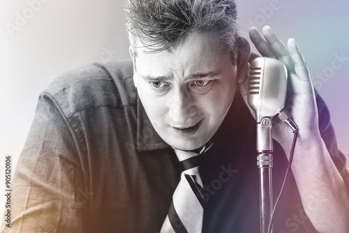 Incompetent man holds microphone, confusion and ineptitude photo