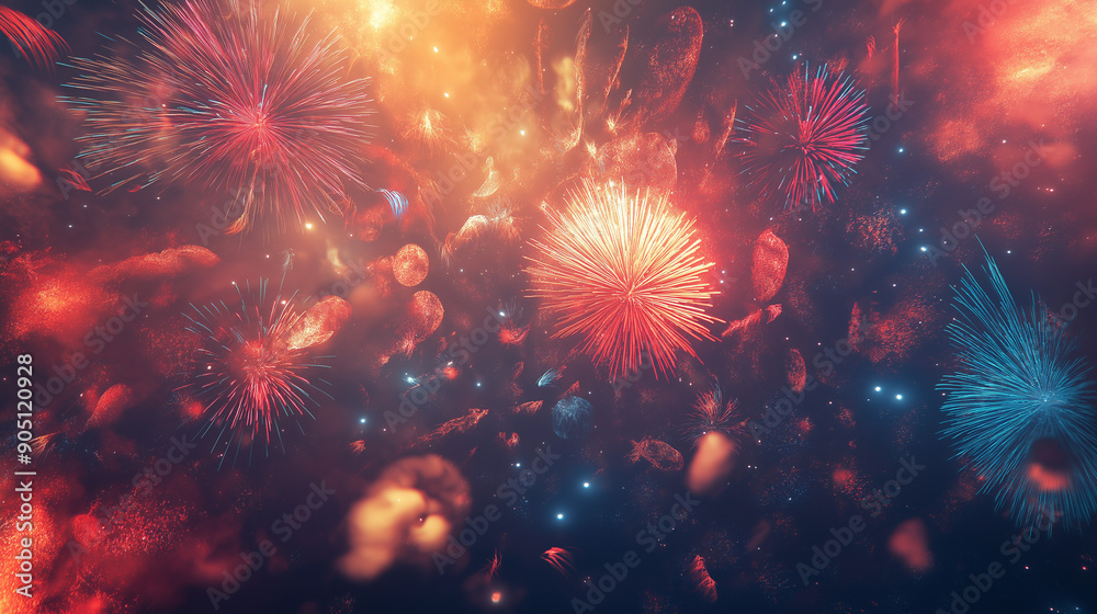 A vibrant display of fireworks against a dark background. There are multiple fireworks of varying shapes and colors, including shades of red, blue, yellow, and pink A vibrant display of fireworks against a dark background. There are multiple fireworks of varying shapes and colors, including shades of red, blue, yellow, and pink