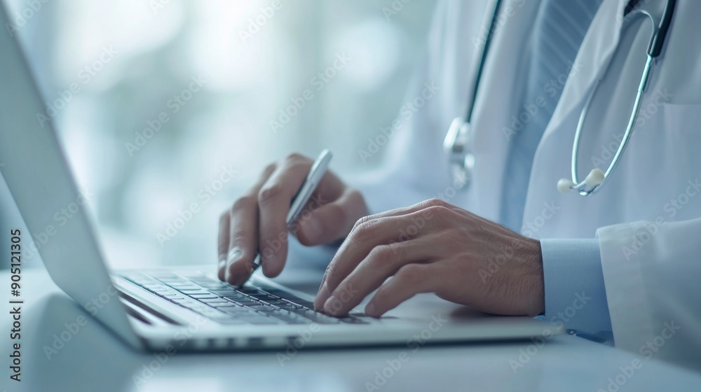 hands of a doctor typing on a laptop keyboard hands of a doctor typing on a laptop keyboard