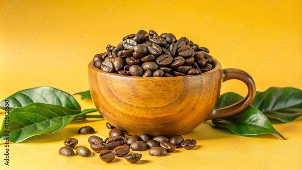 Fototapeta premium Cup coffee beans wooden
