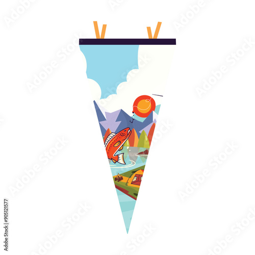 Camping adventure pennant flag design. Outdoor hiking graphics with river. Mountains pendant artwork. Stock vector illustration.