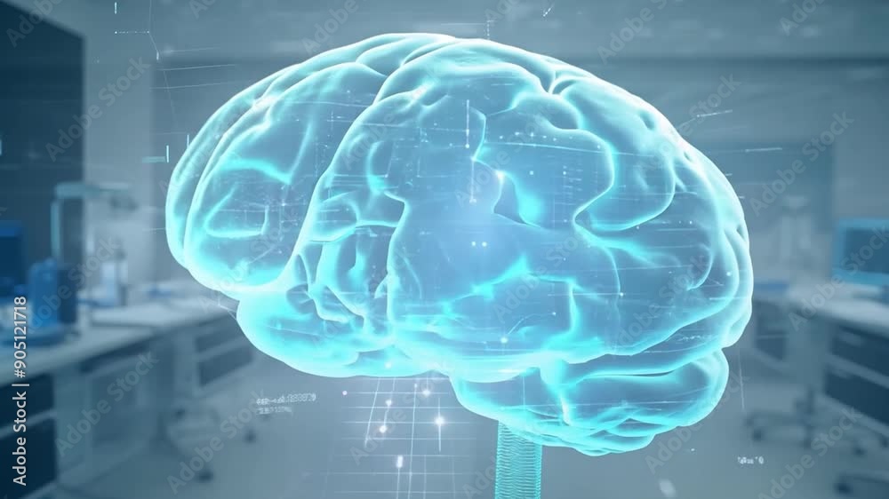 A holographic representation of the human brain is exhibited in a modern laboratory equipped with advanced technology. A holographic representation of the human brain is exhibited in a modern laboratory equipped with advanced technology.