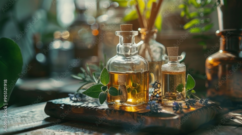 Aromatic Oils in Glass Bottles with Herbs Aromatic Oils in Glass Bottles with Herbs