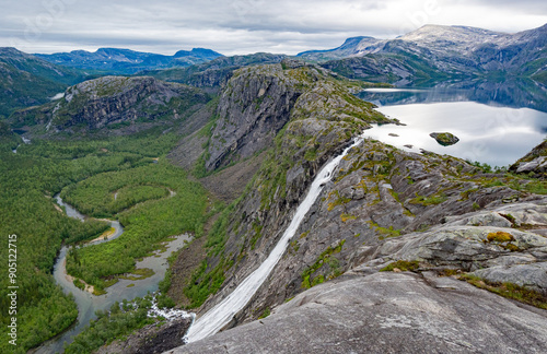 Huge waterfall in the wilderness of Northern Norway. Beathtaking view of the Litlverivassforsen in Rago national park photo