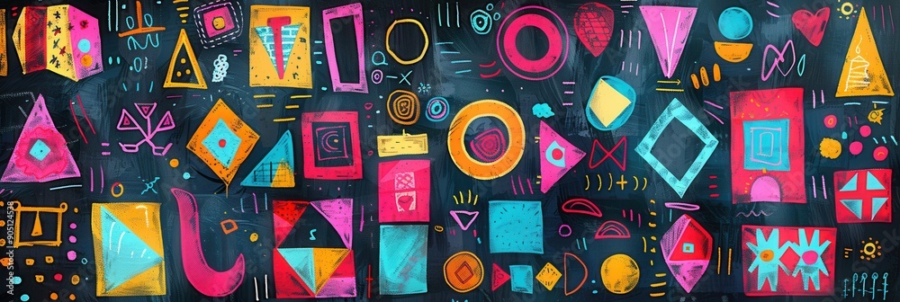 A blackboard displays vibrant geometric shapes and patterns, showcasing creativity during an engaging art session in a lively classroom. Generative AI A blackboard displays vibrant geometric shapes and patterns, showcasing creativity during an engaging art session in a lively classroom. Generative AI