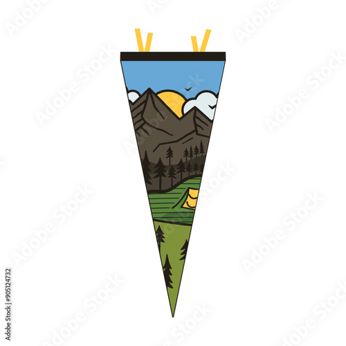 Camping adventure pennant flag design. Outdoor hiking graphics with adventure landscape. Mountains pendant artwork. Stock vector illustration.