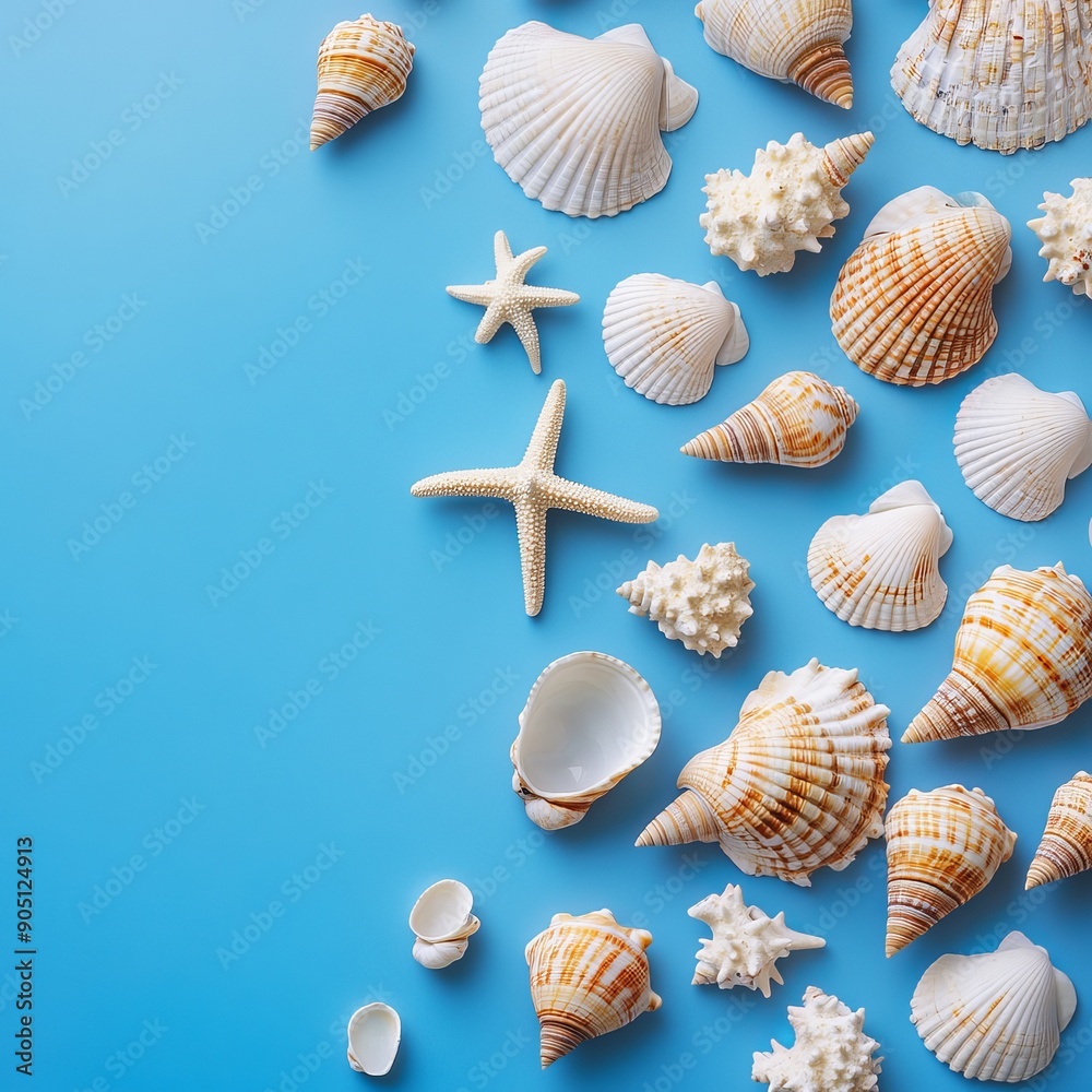 Red starfish and seashells on the edge of the pool. Tropical palm leaf. Summer vacation concept. Exotic summer scene.. Generative AI Red starfish and seashells on the edge of the pool. Tropical palm leaf. Summer vacation concept. Exotic summer scene.. Generative AI