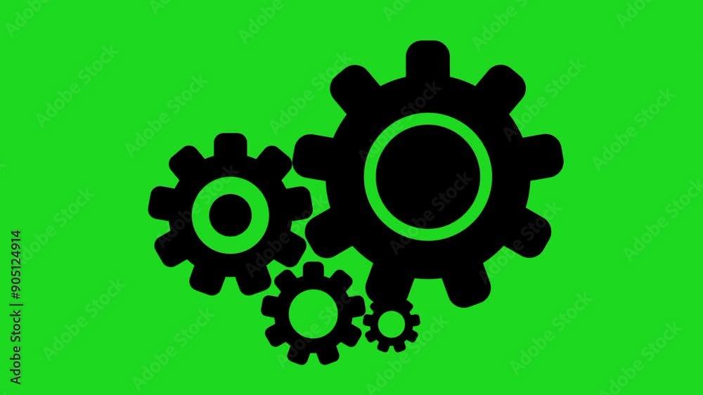 animation of 4 gears rotating simultaneously, machine, technology, video elements on green background