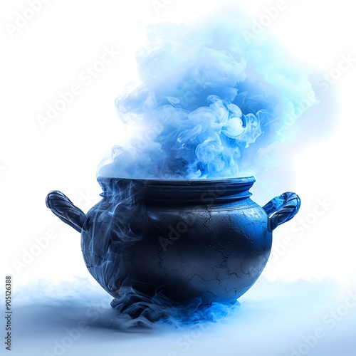 A black cauldron with blue smoke billowing out, isolated on a white background.