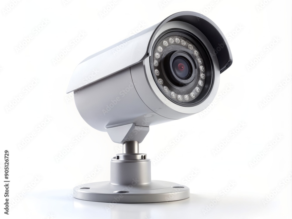 A solo, modern security camera stands upright on a pristine white background, its sleek design and lens prominent, conveying surveillance and monitoring technology. A solo, modern security camera stands upright on a pristine white background, its sleek design and lens prominent, conveying surveillance and monitoring technology.