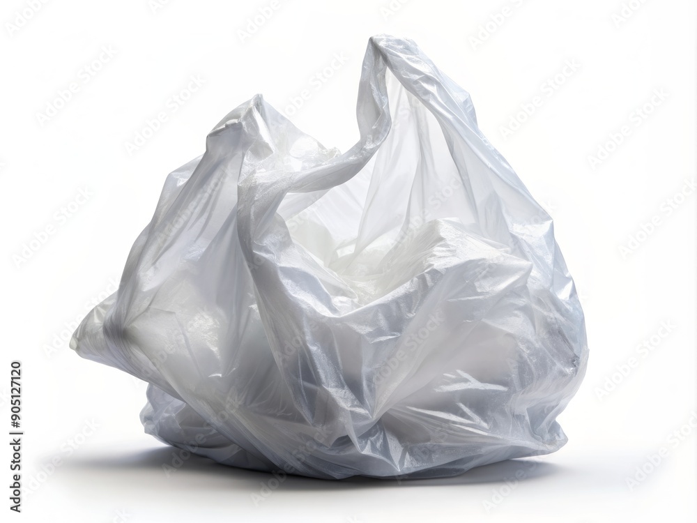 Fototapeta premium A clear, translucent plastic bag with a subtle sheen, gently crumpled and folded, isolated on a stark white or transparent background, awaiting contents.