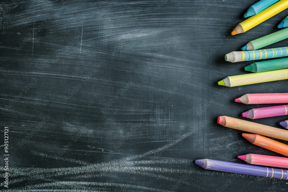 Row of Multicolored Crayons on Dark Chalkboard Background Row of Multicolored Crayons on Dark Chalkboard Background