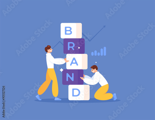 branding concept. Branding strategy and developing a brand. illustration of a team creating and building a brand. business and efforts. flat style design. graphic elements