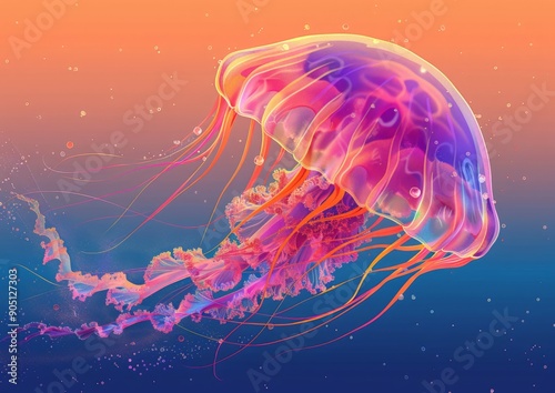 Digital illustration depicting a jellyfish in polygonal style with a vibrant pink, orange, and blue color scheme photo