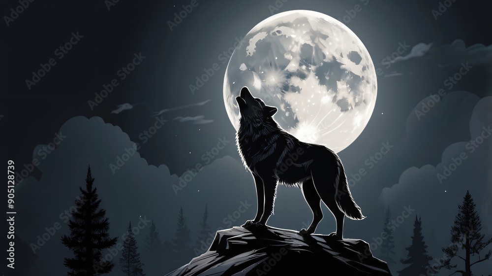 illustration of howling wolf with moon background illustration of howling wolf with moon background