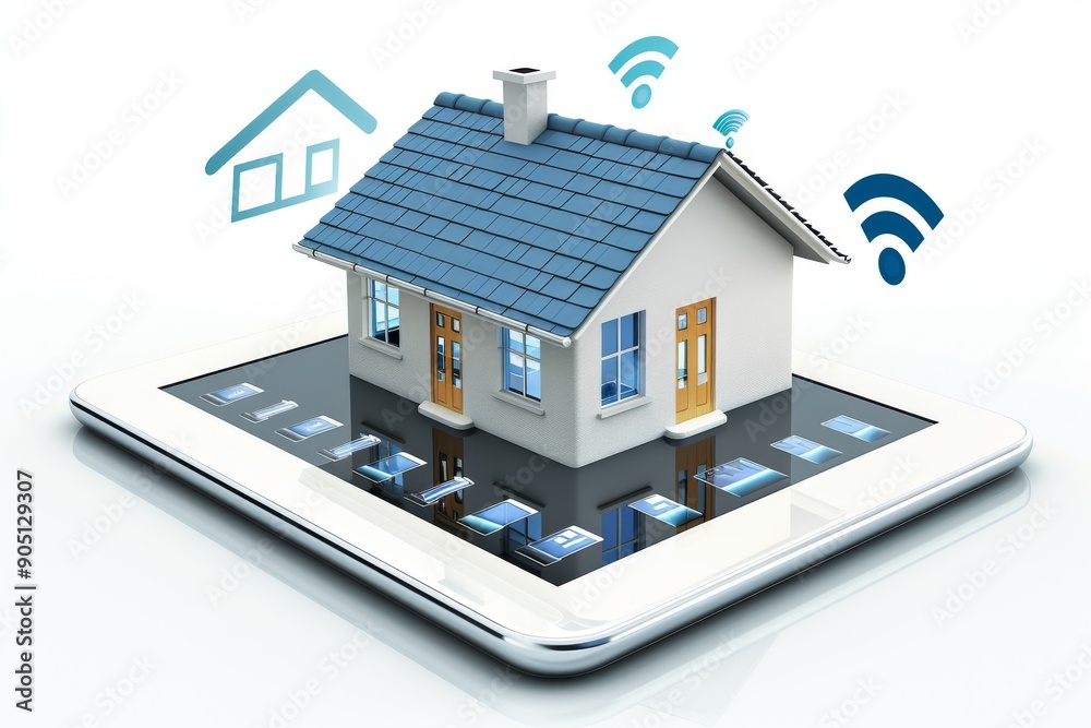 Miniature house model on smartphone screen symbolizing smart home technology and connected living environments. Miniature house model on smartphone screen symbolizing smart home technology and connected living environments.