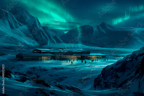 a modern arctic research station with scientists working amidst snow-coverede landscapes, and the northern lights overhead photo